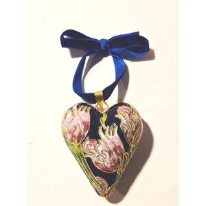 Beautiful Navy Pink Floral heart Cloisonne Ornament 3"